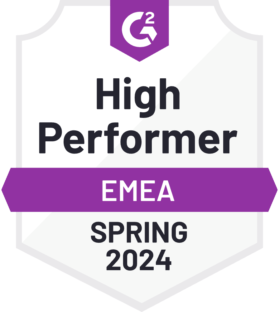 A badge certifying Claromentis as a G2 High Performer in the EMEA region for Spring 2024.