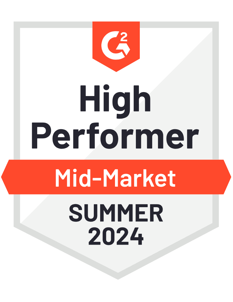 A badge certifying Claromentis as a G2 High Performer in the Mid-Market category for Spring 2024.